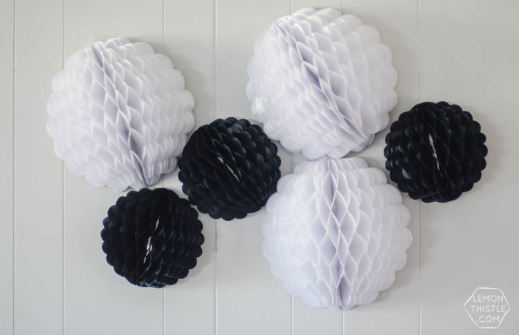 Giant DIY Halloween Party Garland with tissue honeycomb balls and party foil