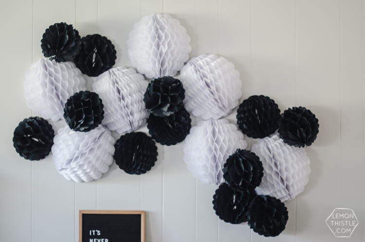 Giant DIY Halloween Party Garland with tissue honeycomb balls and party foil