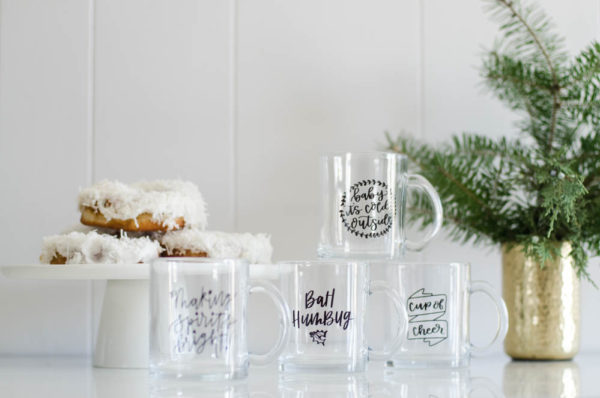 Clear Glass Holiday Mugs- Love the hand lettering on this set!