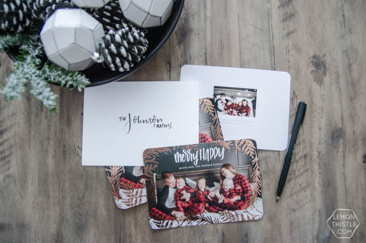 Rose gold foil holiday cards with hand lettered overlay