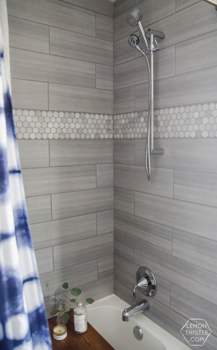 Classic Bathroom Makeover with marble hexagon tile and Modern Details- love the matte black with the chrome!