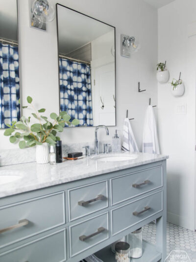 Classic Bathroom Makeover with marble hexagon tile and Modern Details- love the matte black with the chrome!