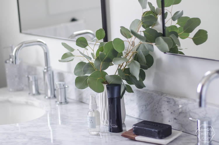 Classic Bathroom Makeover with marble hexagon tile and Modern Details- love the matte black with the chrome!