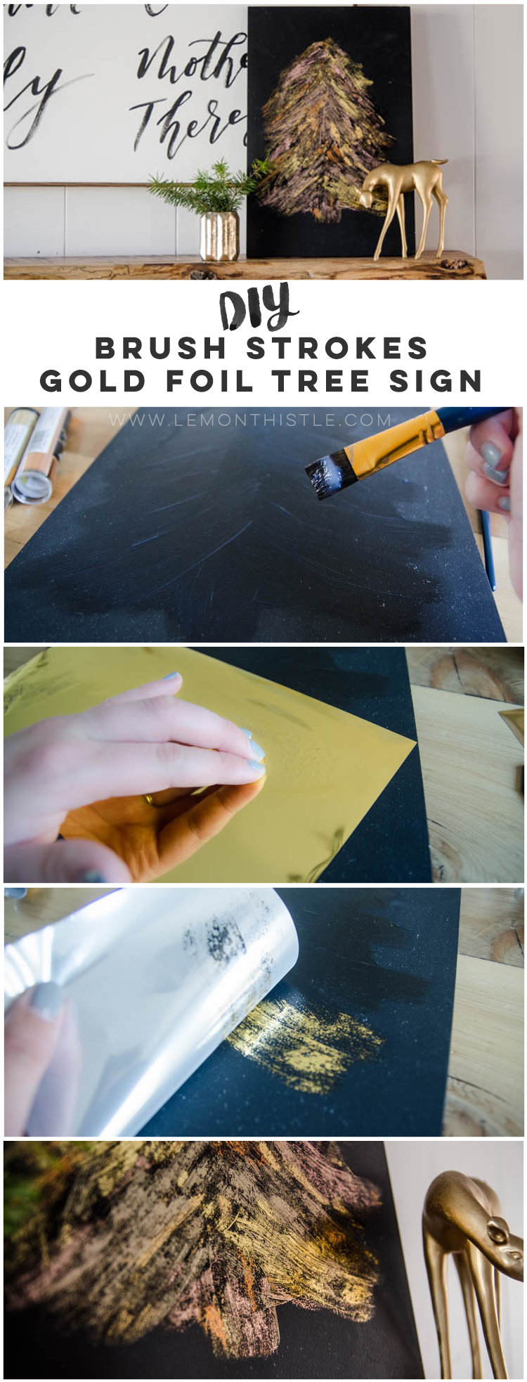 DIY Metallic Foil Brush Strokes Tree Sign... I love how modern this is for a Christmas decoration! Perfect for the mantle