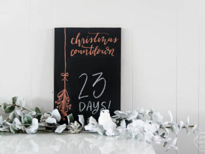 DIY Christmas Countdown Chalkboard with Copper Leafing- love that copper detail!