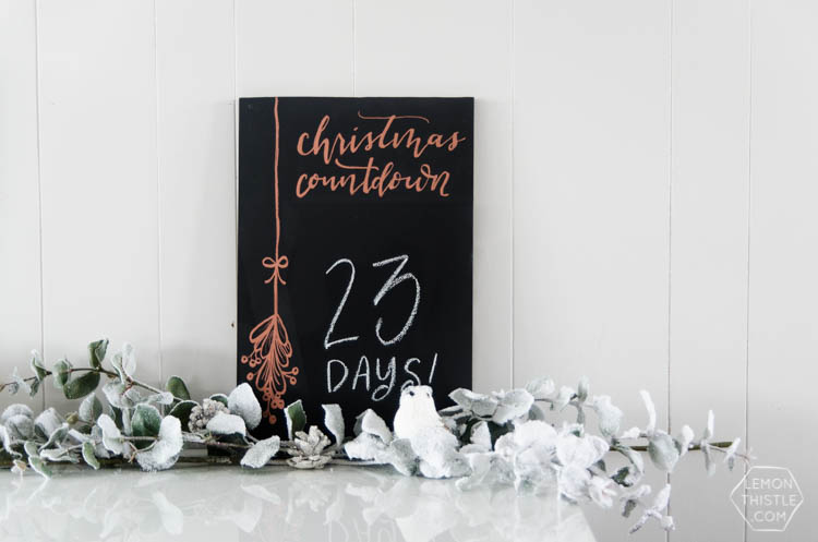 DIY Christmas Countdown Chalkboard with Copper Leafing- love that copper detail!