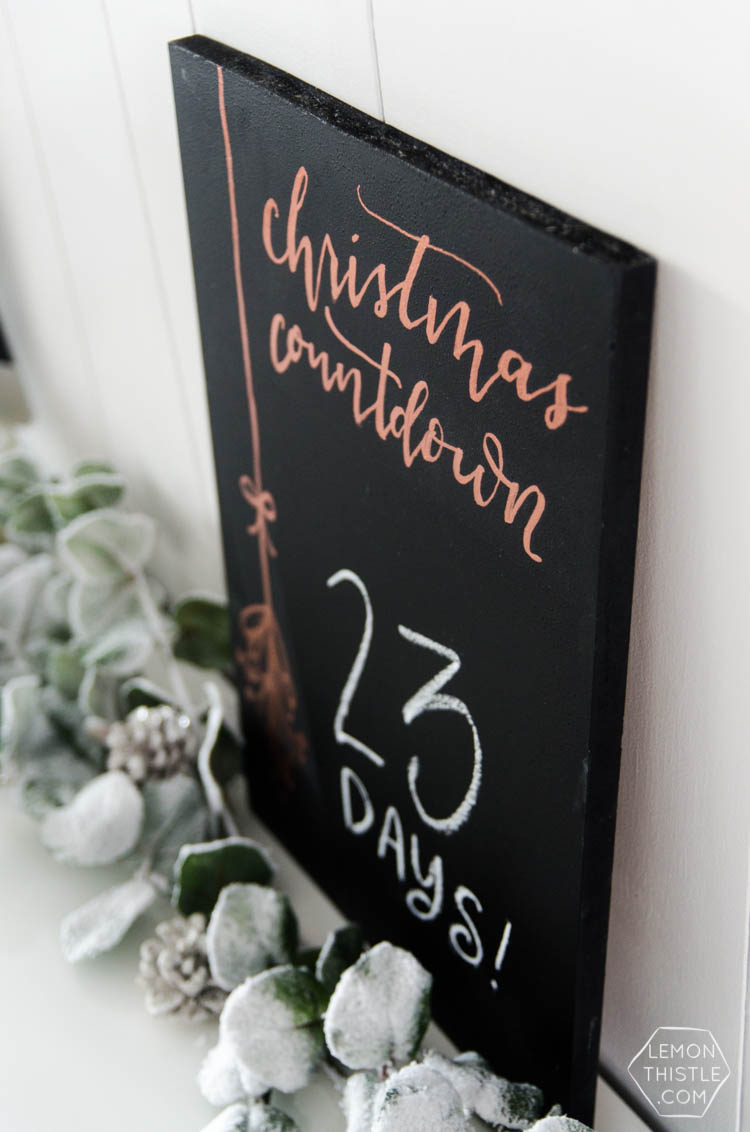 DIY Christmas Countdown Chalkboard with Copper Leafing- love that copper detail!