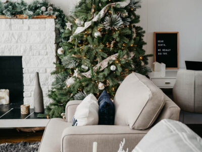 Hello Holiday- Christmas Living room in cozy neutrals & frosted greens
