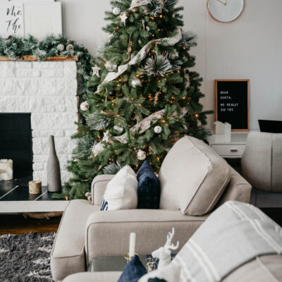 Hello Holiday- Christmas Living room in cozy neutrals & frosted greens