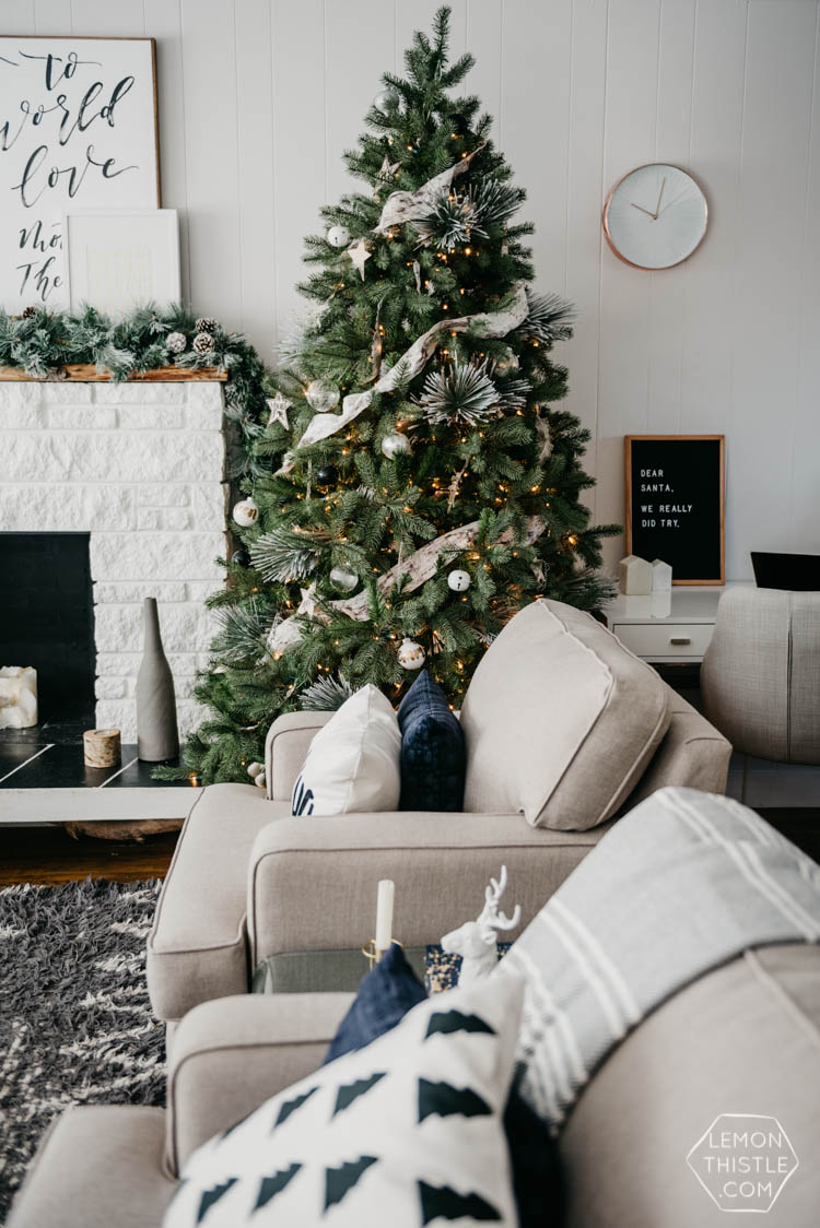 Hello Holiday- Christmas Living room in cozy neutrals & frosted greens