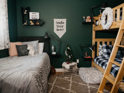 Cozy Shared Kids Room- all decorated with modern christmas decorations