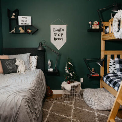 Cozy Shared Kids Room- all decorated with modern christmas decorations