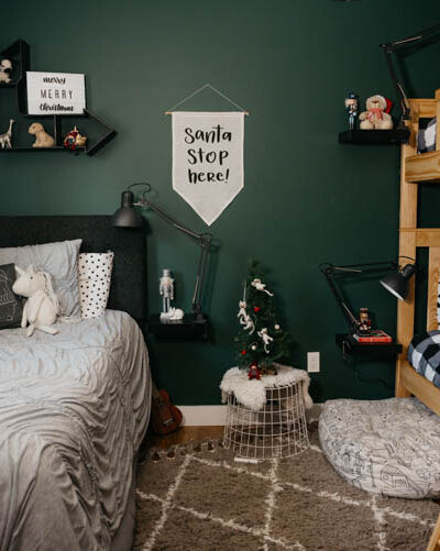 Cozy Shared Kids Room- all decorated with modern christmas decorations