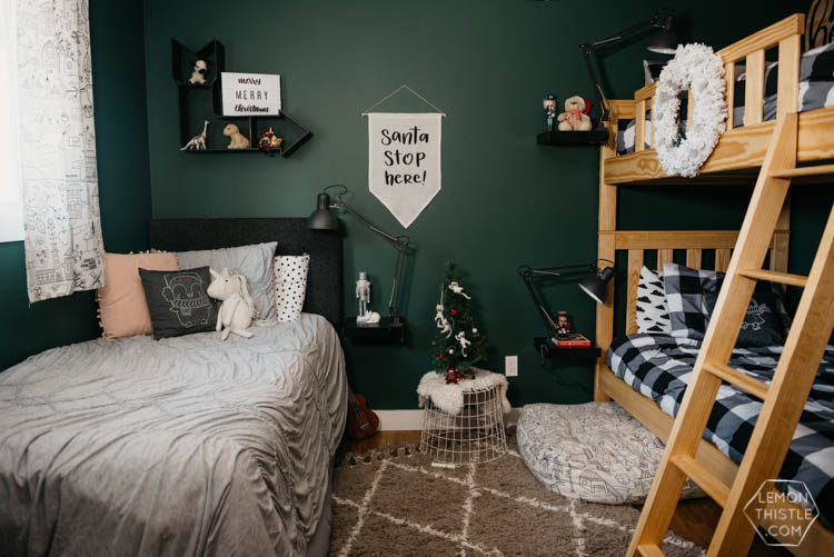 Cozy Shared Kids Room- all decorated with modern christmas decorations