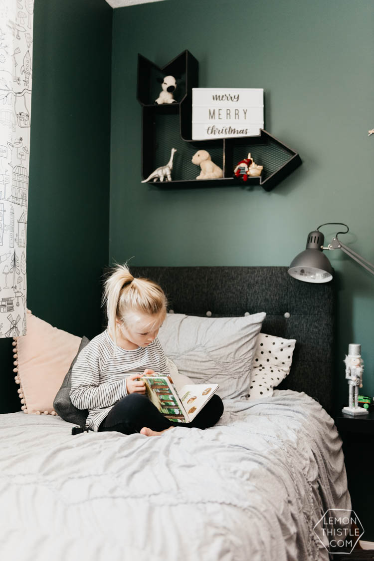 Cozy Shared Kids Room- all decorated with modern christmas decorations