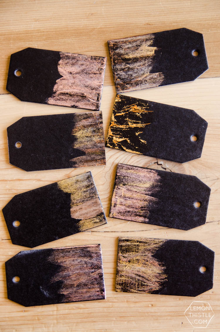 DIY Black and Gold Foil Brush Strokes Gift Tags- I love this foil technique! Perfect for holiday gifts