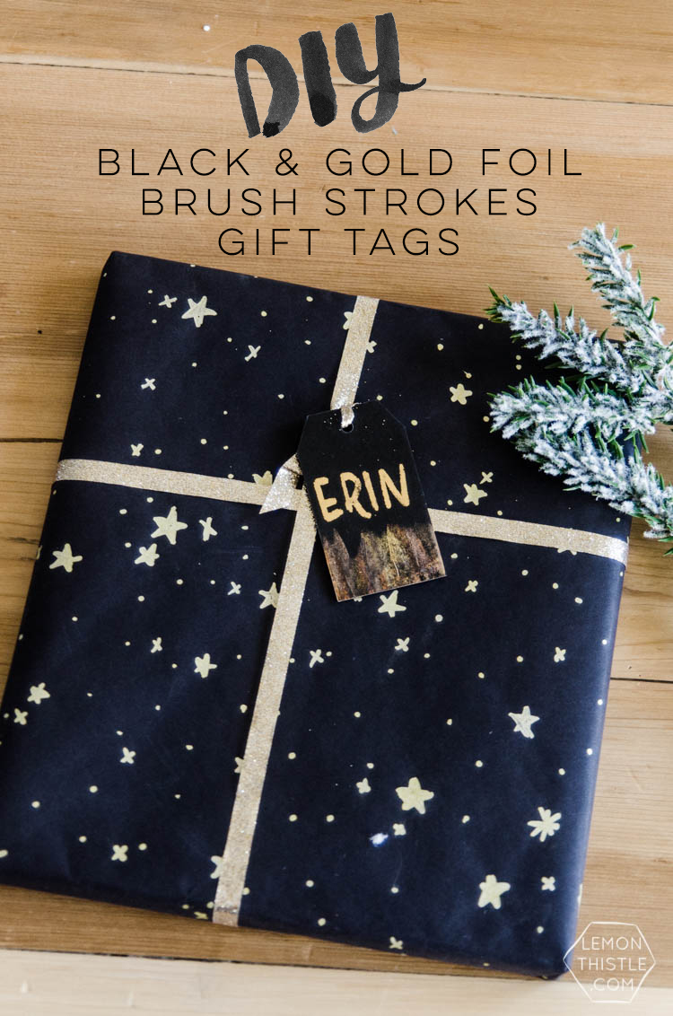 DIY Black and Gold Foil Brush Strokes Gift Tags- I love this foil technique! Perfect for holiday gifts