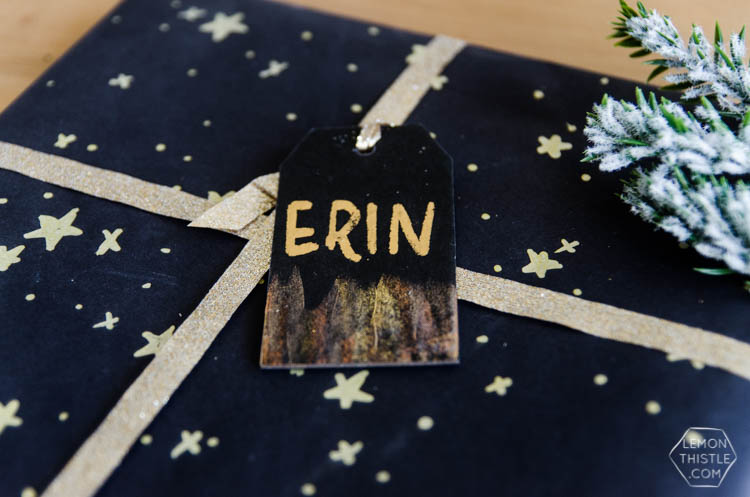 DIY Black and Gold Foil Brush Strokes Gift Tags- I love this foil technique! Perfect for holiday gifts