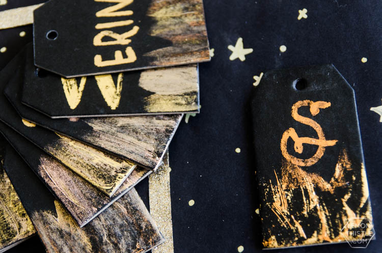 DIY Black and Gold Foil Brush Strokes Gift Tags- I love this foil technique! Perfect for holiday gifts