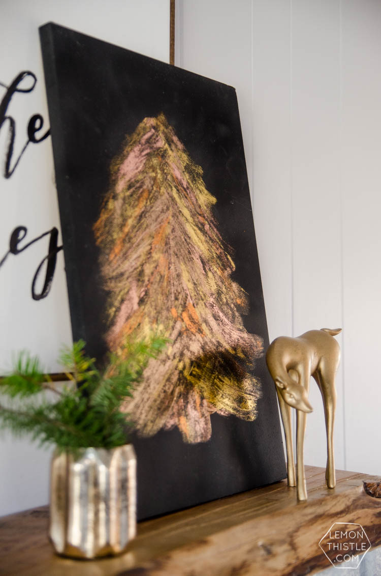 DIY Metallic Foil Brush Strokes Tree Sign... I love how modern this is for a Christmas decoration! Perfect for the mantle