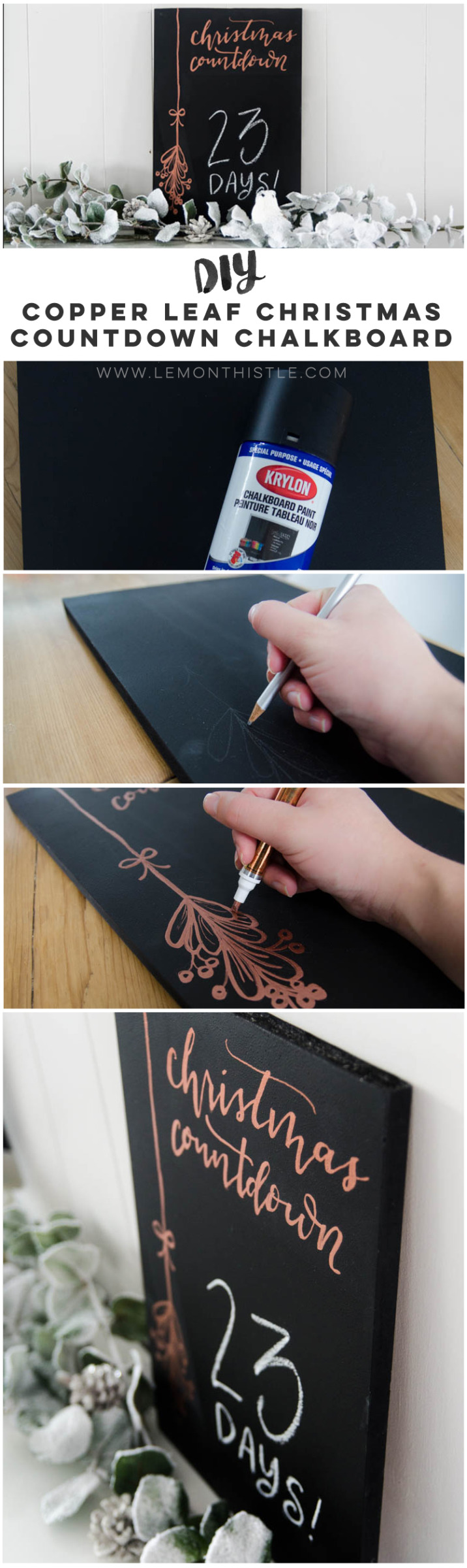 DIY Christmas Countdown Chalkboard with Copper Leafing- love that copper detail! Perfect for modern christmas decorations