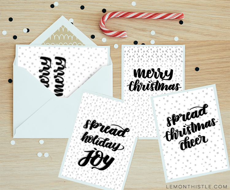 4 Free Printable Holiday Cards- love the handlettered modern style of these!