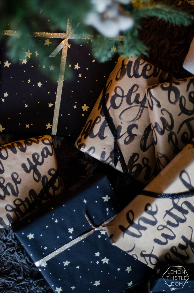 This handlettered Kraft wrapping paper is amazing! Now I want that brush so I can make some to wrap my christmas gifts