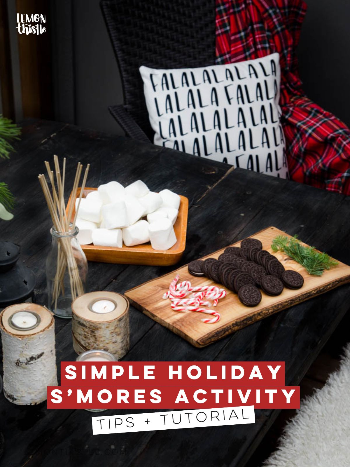 simple holiday smores activity, text over image of smores setup on outdoor table with candy canes and oreos