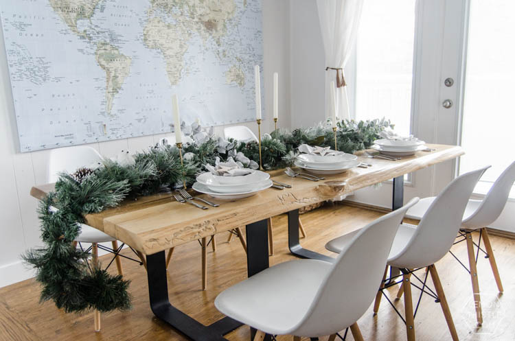 So pretty! A frosted holiday tablescape- DIY place cards and simple garland table runner... perfect for Christmas or any winter dinner party!