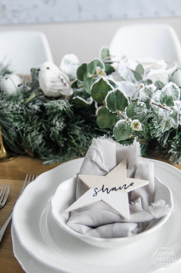 DIY Paint Dipped Wooden Star Place Cards- love that you don't need any tools to cut these wood stars! Such beautiful place settings that can be taken home as gifts after the dinner party