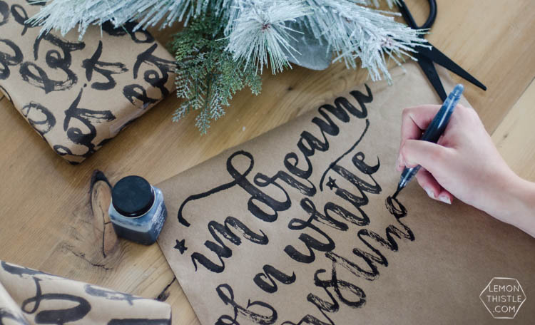 This handlettered Kraft wrapping paper is amazing! Now I want that brush so I can make some to wrap my christmas gifts