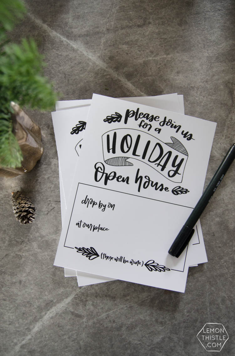 Holiday Open House- Modern Handlettered Free Printable Invitations and tent cards- perfect for a casual Christmas party!