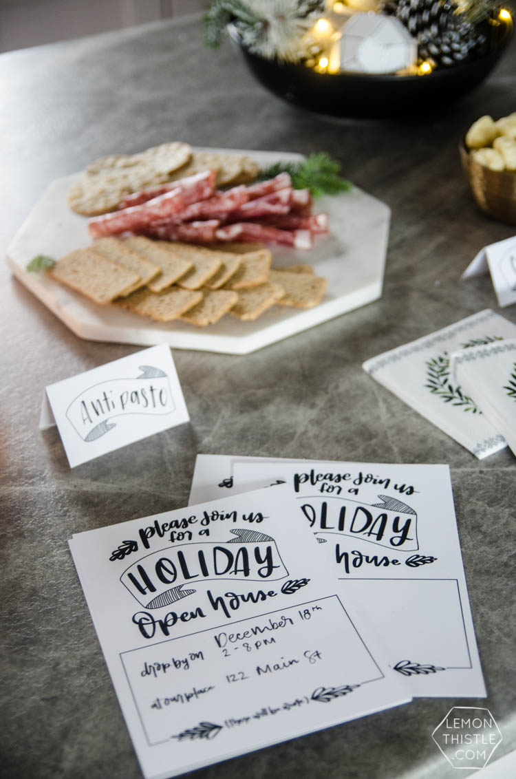 Holiday Open House- Modern Handlettered Free Printable Invitations and tent cards- perfect for a casual Christmas party!