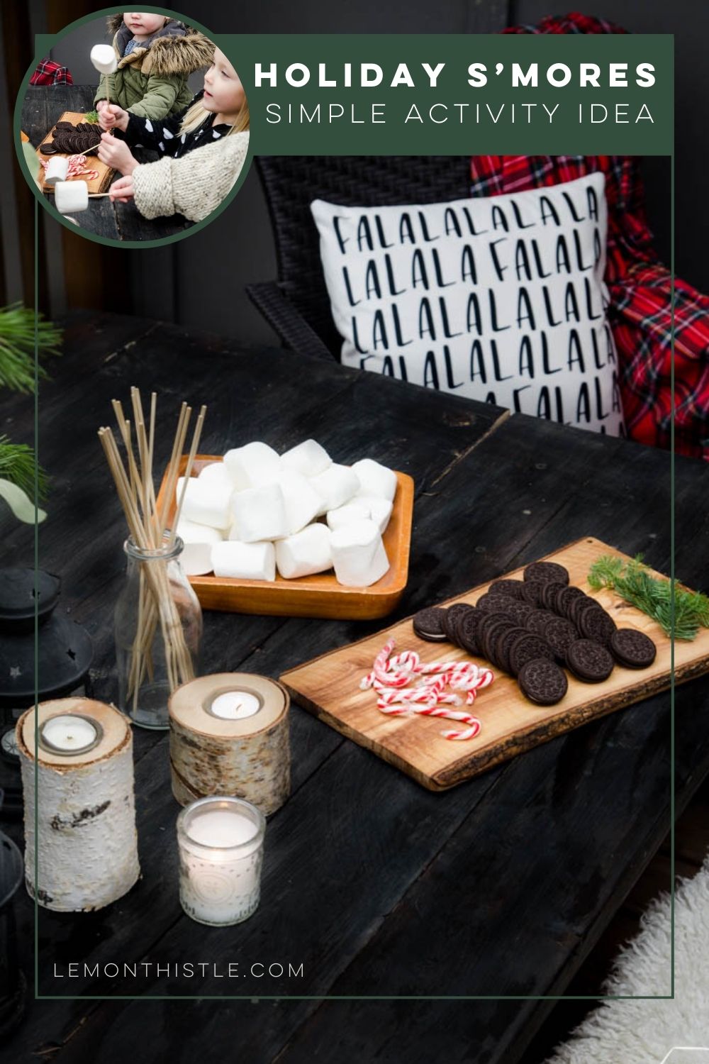 smores activity for advent celebrations set up on outdoor table with oreos and candy canes