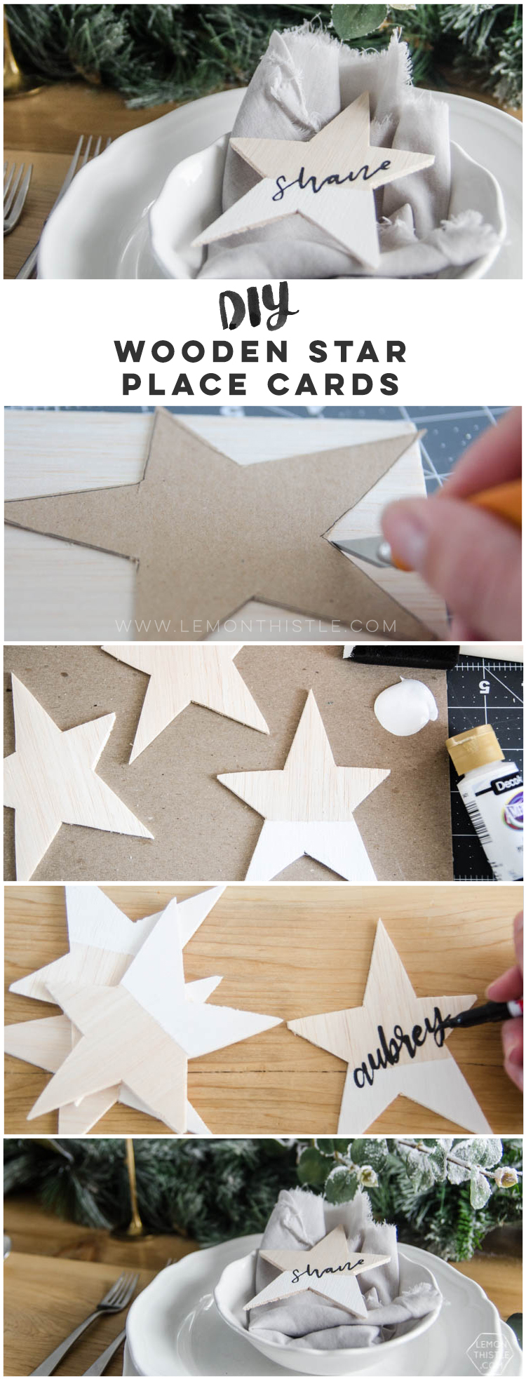 DIY Paint Dipped Wooden Star Place Cards- love that you don't need any tools to cut these wood stars! Such beautiful place settings that can be taken home as gifts after the dinner party