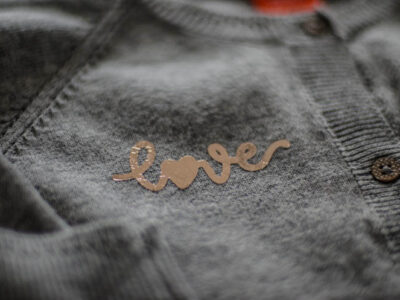 Grey Cardigan with handlettered love design in rose gold foil