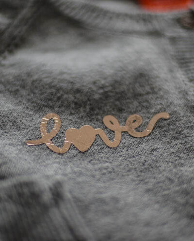 Grey Cardigan with handlettered love design in rose gold foil