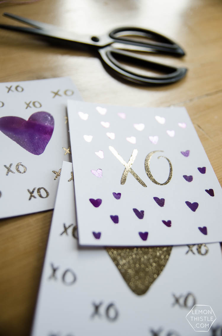 DIY Foiled Valentines Day Cards- I love that purple foil! Plus I love that you can do this with a simple laminator 