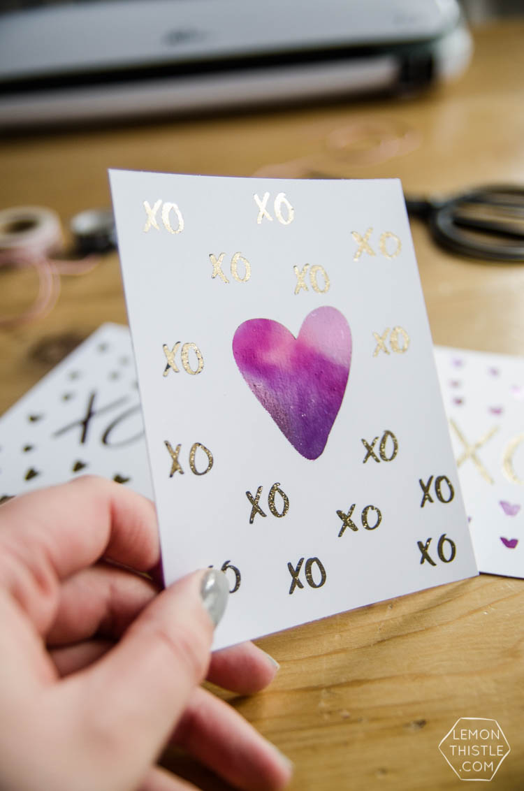 DIY Foiled Valentines Day Cards- I love that purple foil! Plus I love that you can do this with a simple laminator 