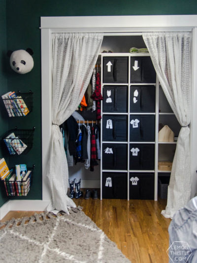 DIY Closet Organization- Ikea Storage Bin Labels... what a great storage solution! I love how it hides the closet clutter and kids can visually see where to put clothes away