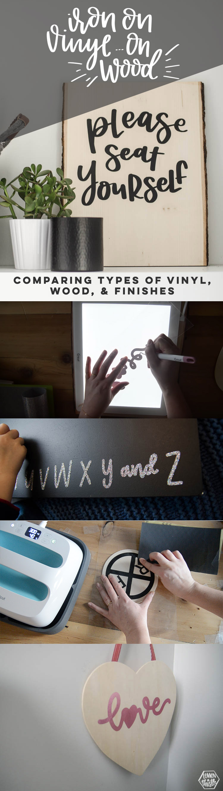Long pin image featuring different stages of applying iron on vinyl to wood. Text overlay: Iron on vinyl on wood, comparing types of vinyl, wood, and finishes