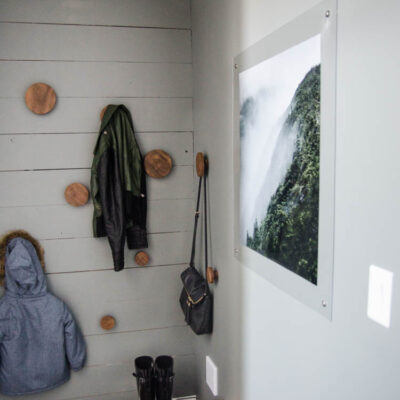 modern grey and wood DIY Mini Mudroom Makeover in a split level entry home