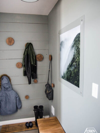 modern grey and wood DIY Mini Mudroom Makeover in a split level entry home