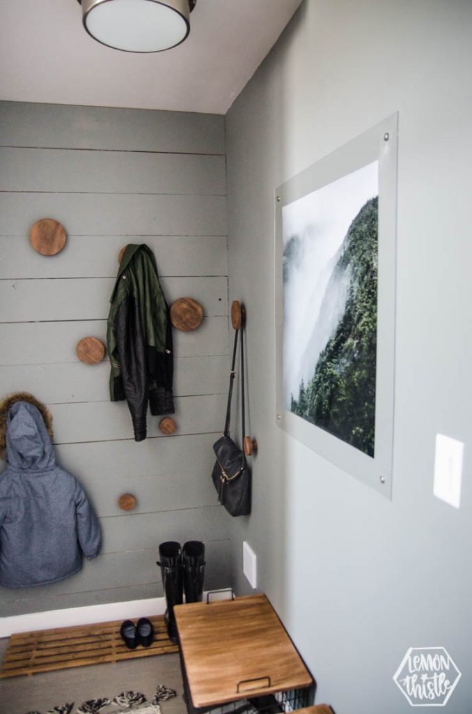 modern grey and wood DIY Mini Mudroom Makeover in a split level entry home