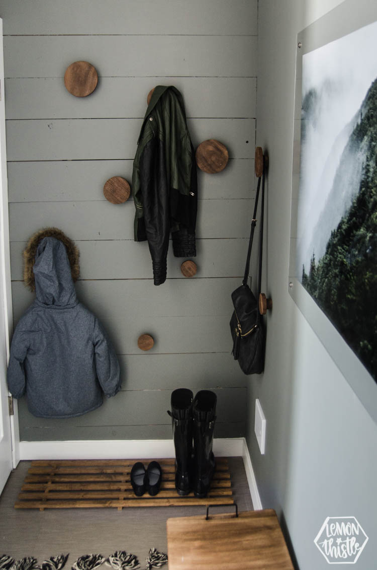 modern grey and wood DIY Mini Mudroom Makeover in a split level entry home