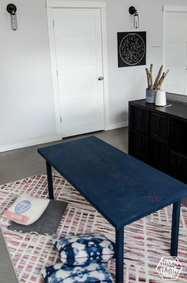 Kids play table makeover with navy chalk paint and copper leaf ABCs