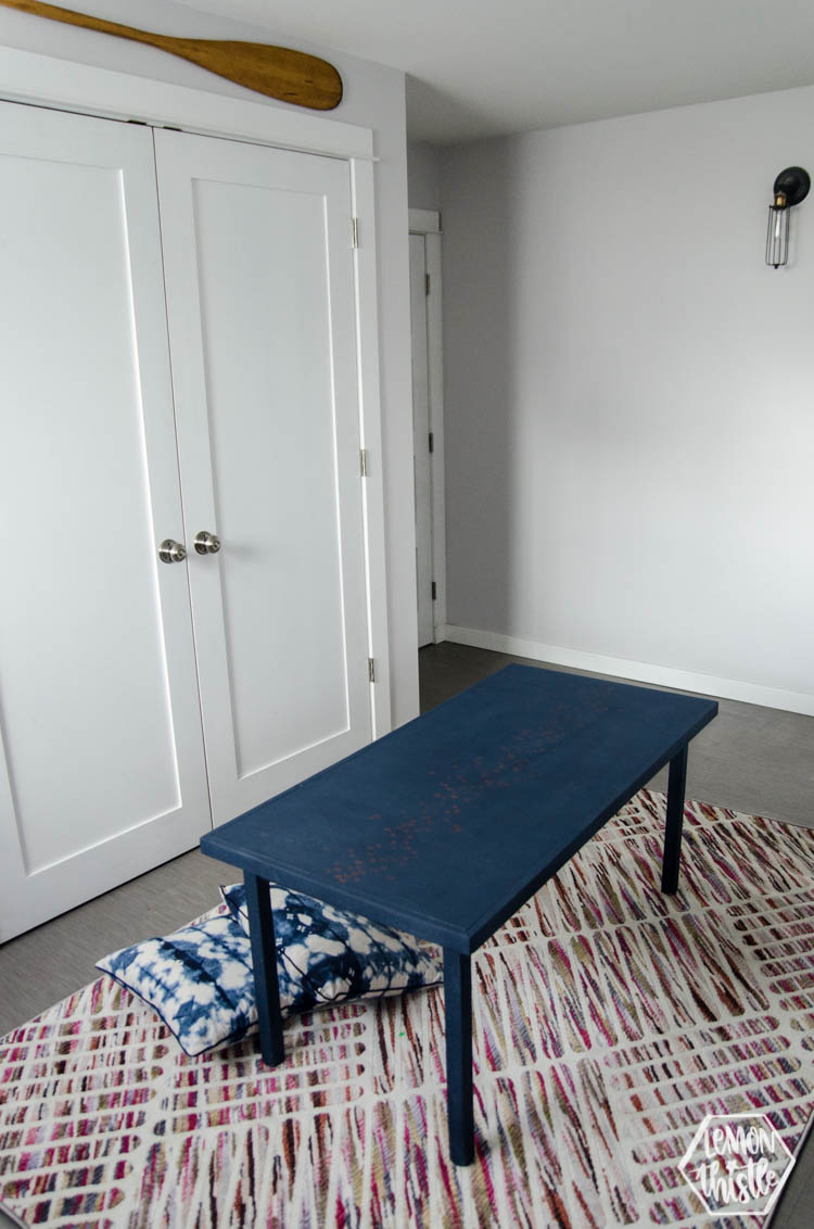 Kids play table makeover with navy chalk paint and copper leaf ABCs