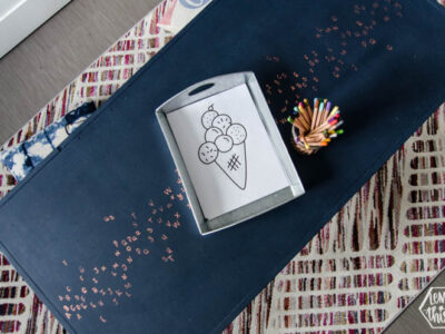 Kids play table makeover with navy chalk paint and copper leaf ABCs