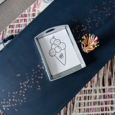 Kids play table makeover with navy chalk paint and copper leaf ABCs