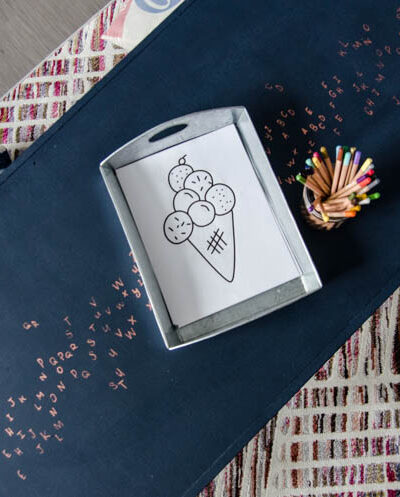 Kids play table makeover with navy chalk paint and copper leaf ABCs